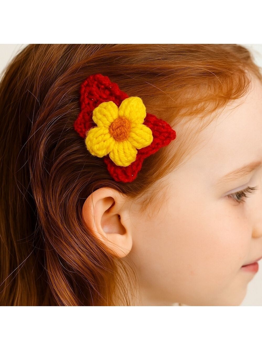 Hand Knit Crochet Bow Hair Clip Red Yellow Flower